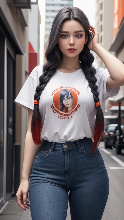 facial woman perfect very,eyes blue and lips red,her hair gray longest very with hairstyles braid, extremely long hair, her body curvy,her big very,her wear a tshirt orange and her wear a jeans black , perfect face, realisian model, turbo v2 style, quality (ultra detailed, high quality, 8k, cinematic), lighting ((cinematic))