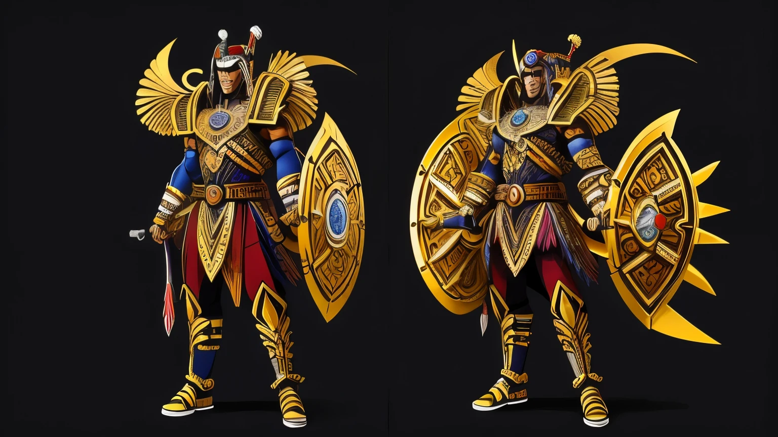 full body, cel-shaded style, centered image, ultra detailed illustration of Aztec warrior Quetzalcoatl, dressed as an Aztec in gold and silver colors (tetradic colors), anime character, action-packed, happy, ink lines, strong contours, bold strokes, perfect features, perfect proportions, frameless, high contrast, (cell shading): 1.1), vector, 32k resolution, best quality, flat lights, black background, stunning