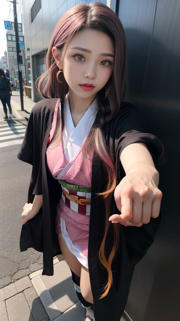 Cute Japanese woman, (16 years old), (Very cute face: 1.3), White moisturized skin,
BREAK,
Fighter, Kung Fu fighter, Idol,
BREAK,
(Wearing cute kimono: 1.3), (Very revealing kimono), Very large earrings, Short length,
BREAK,
(Long hair), (Bangs: 1.2), (Black hair), (Wavy hair), (Gradient pink hair: 1.3), (Red tips),
BREAK,
(Realistic: 1.3), Masterpiece, Perfect lighting, (Ultra high resolution), (8K), (Very detailed: 1.4), (From the front), Looking at the camera, Melancholic expression, (Full body),
BREAK,
(Japanese city streets: 1.2), Tokyo Tower in Japan background,
BREAK,
(Demon Slayer: 1.4),
BREAK,
(Hellfire: 1.2), Demon, (Flame: 1.2)