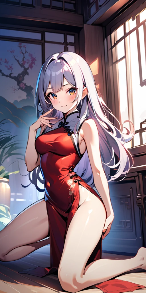 ((Highest quality、masterpiece、Anime Style、Highest quality、High resolution、8k、detailed、ultra-detailed:1.3))、Long legs、Sharp focus:1.2, Beautiful woman with perfect figure:1.4、(smile:1.2), double eyelid、30-year-old woman、Sexy pose、((((Shut your mouth.、One Woman、Chinese clothing:1.5)))),The background is another world