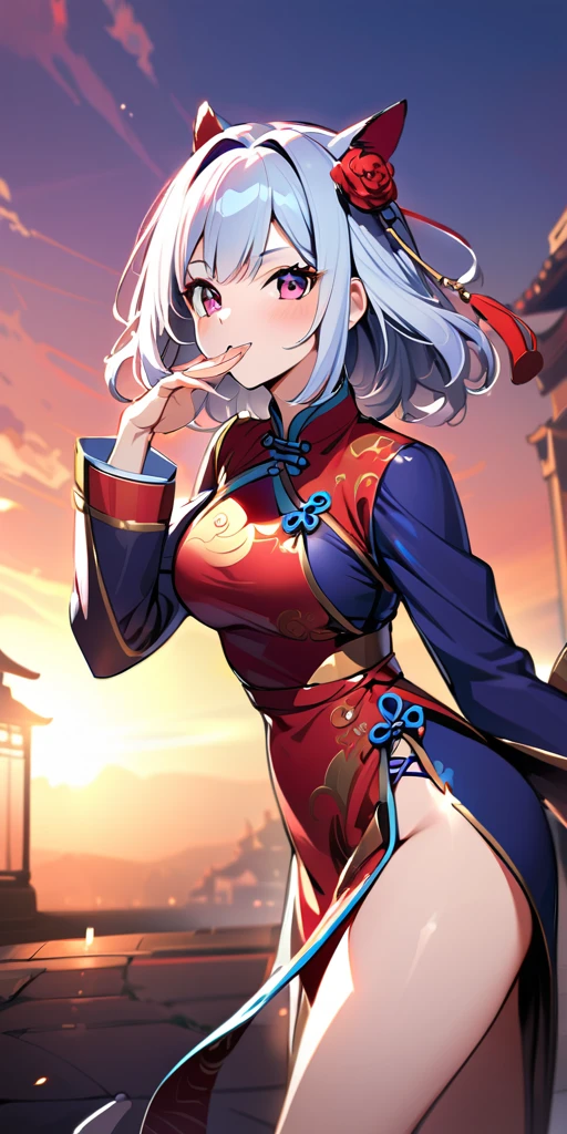 ((Highest quality、masterpiece、Anime Style、Highest quality、High resolution、8k、detailed、ultra-detailed:1.3))、Long legs、Sharp focus:1.2, Beautiful woman with perfect figure:1.4、(smile:1.2), double eyelid、30-year-old woman、Sexy pose、((((Shut your mouth.、One Woman、Chinese clothing:1.5)))),The background is another world