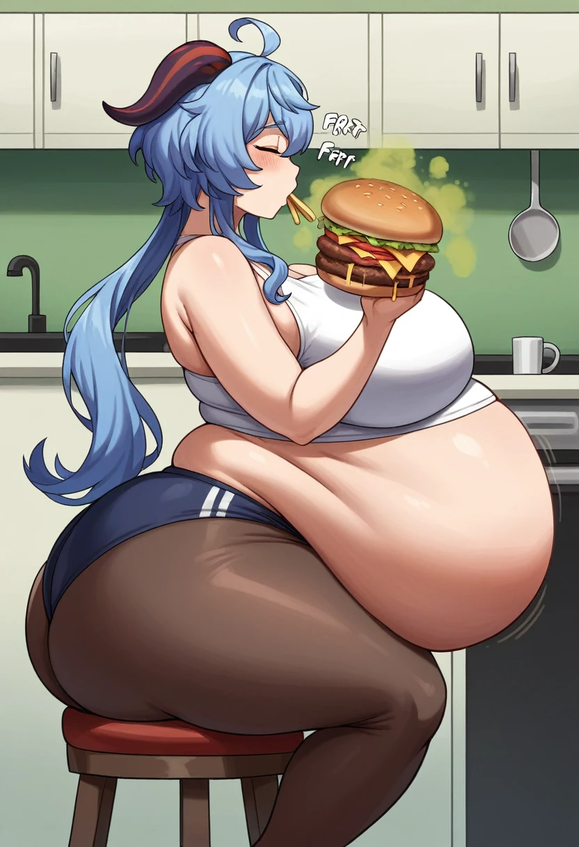 1girl, solo, ganyu \(genshin impact\), tight pants, panties,pantyhose,vibrant colors,mature, milf,(best quality, masterpiece, highres, ultra high resolution, high quality face, high quality eyes:1.1), kitchen,table,sit on chair, sitting on chair,view from side,eating burger,eating giant burger,fart,farted, farting,excessive farting, Flatulence, green gas clouds,thick (green gas clouds1.2), massive green gas clouds, giant fart, (massive fart:1.2),room filled with gas,gas coming out of ass,gas from ass, burp,belch, burping, belching, gas from mouth, gas coming out of mouth,sound effects, hyper breasts, hyper ass,chubby,plump,fat rolls,gigantic belly,(hyper belly:1.2),obese, morbidly obese,wide hips,massive hips,thick thighs,massive thighs,nsfw