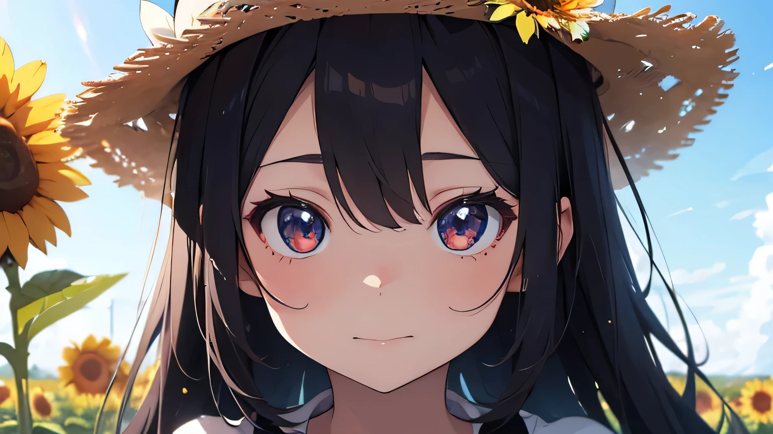 Anime girl with long black hair wearing a straw hat, Small breasts, Anime Style 4k, Beautiful anime portraits, Anime Moe Art Style, anime art wallpaper 4k, anime art wallpaper 4k, High quality anime art style, Anime style portrait, Gweitz, artwork in the style of Gweitz, Detailed digital anime art, Anime Art Wallpapers 8K, Cute Anime Girl Portrait, Sunflower field, whole body