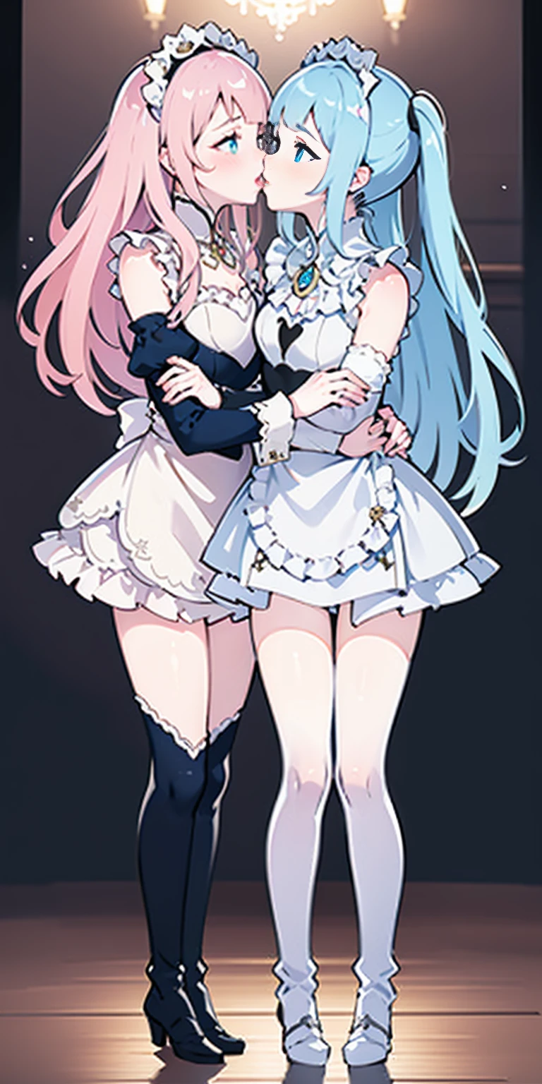 masterpiece, best quality, high quality, long hair, full body, def_effie, blue breastplate, white skin, looking at viewer, shiny, armor, thigh highs, high boots, shoulder armor, faulds, poleyn, gloves, gauntlets, (Felicia + Flora Maid outfit) 2girls together, standing next to each other, holding hands and hugging each other, french kiss, kiss