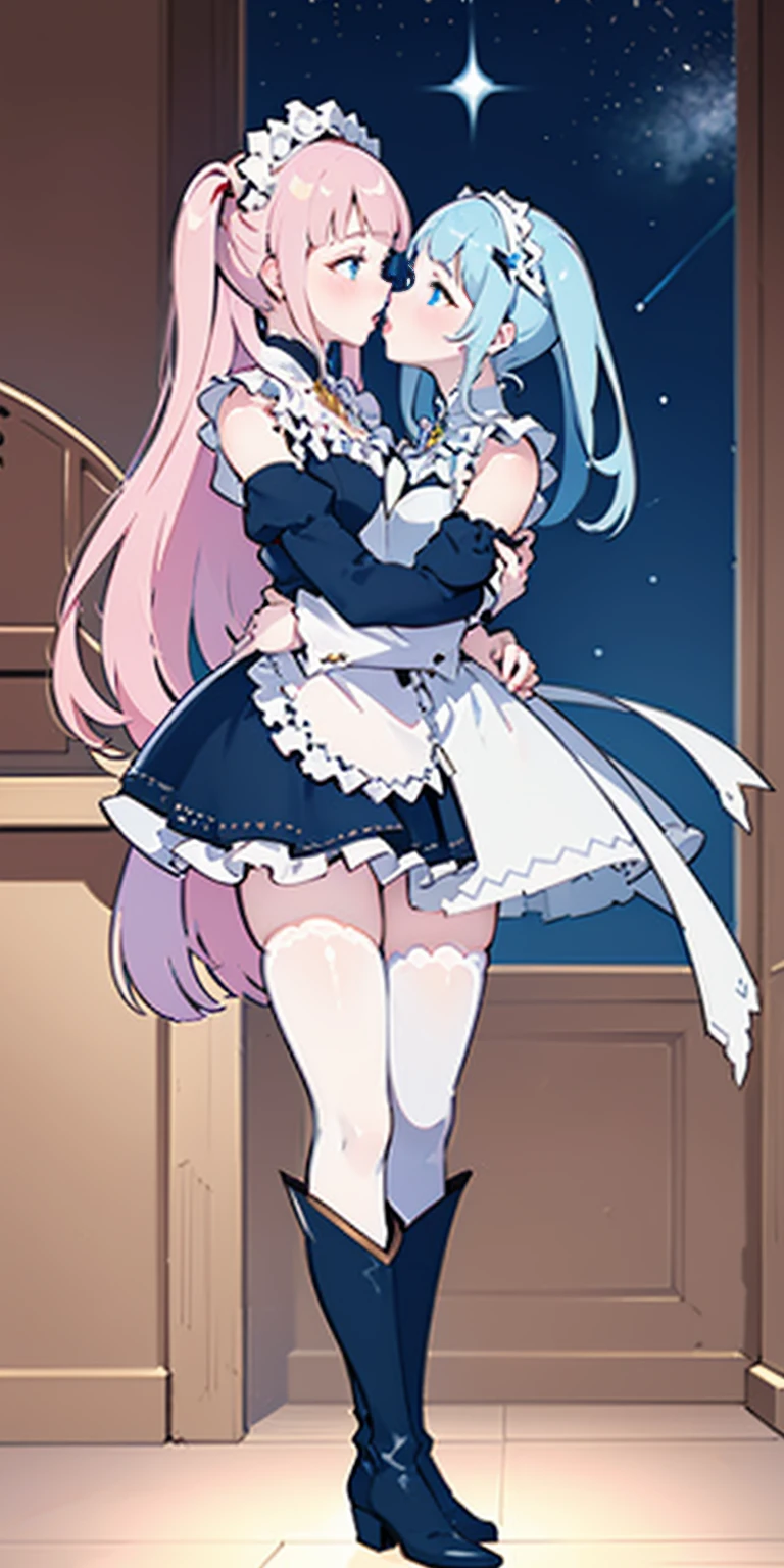 masterpiece, best quality, high quality, long hair, full body, def_effie, blue breastplate, white skin, looking at viewer, shiny, armor, thigh highs, high boots, shoulder armor, faulds, poleyn, gloves, gauntlets, (Felicia + Flora Maid outfit) 2girls together, standing next to each other, holding hands and hugging each other, french kiss, kiss