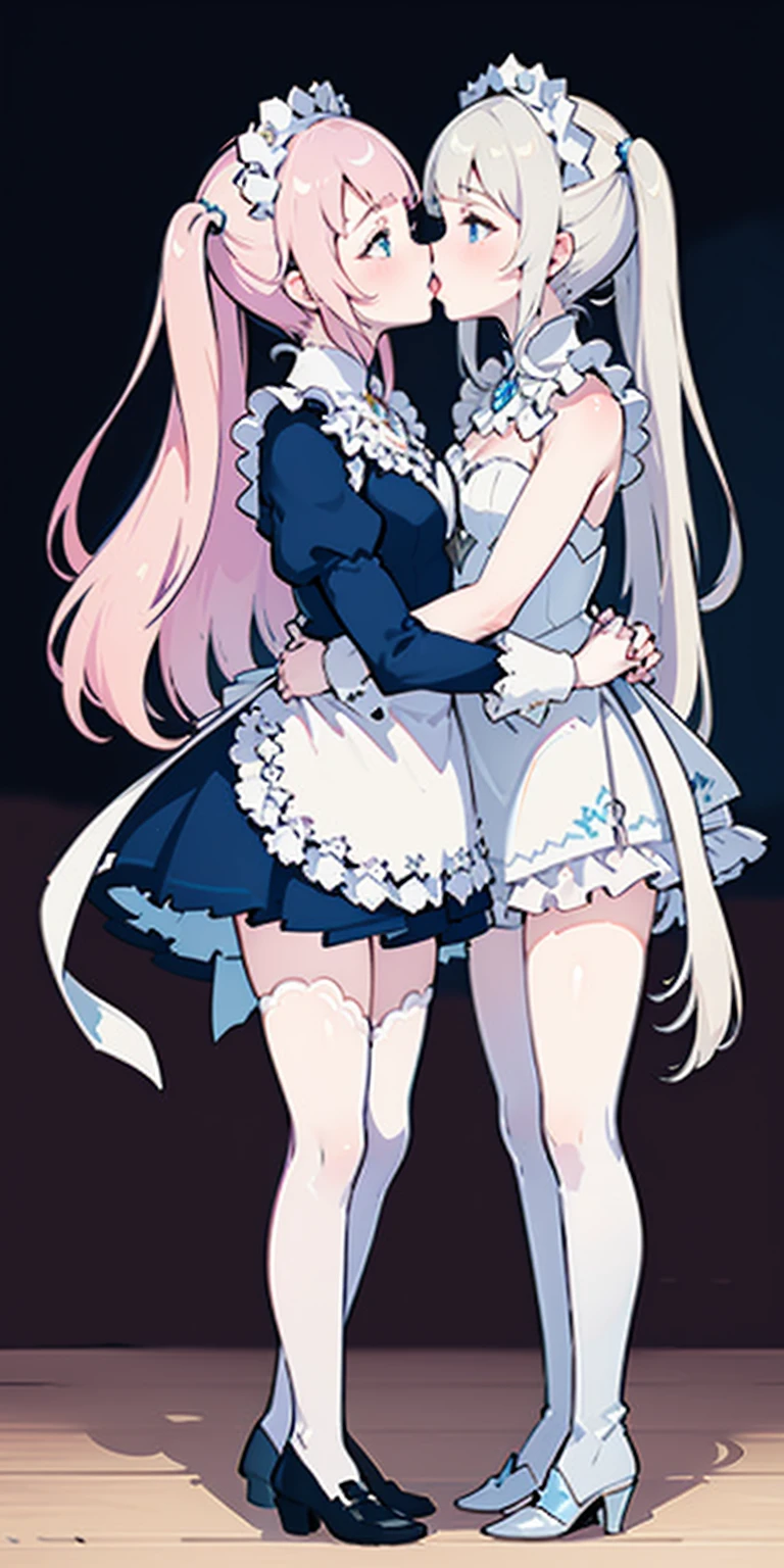 masterpiece, best quality, high quality, long hair, full body, def_effie, blue breastplate, white skin, looking at viewer, shiny, armor, thigh highs, high boots, shoulder armor, faulds, poleyn, gloves, gauntlets, (Felicia + Flora Maid outfit) 2girls together, standing next to each other, holding hands and hugging each other, french kiss, kiss