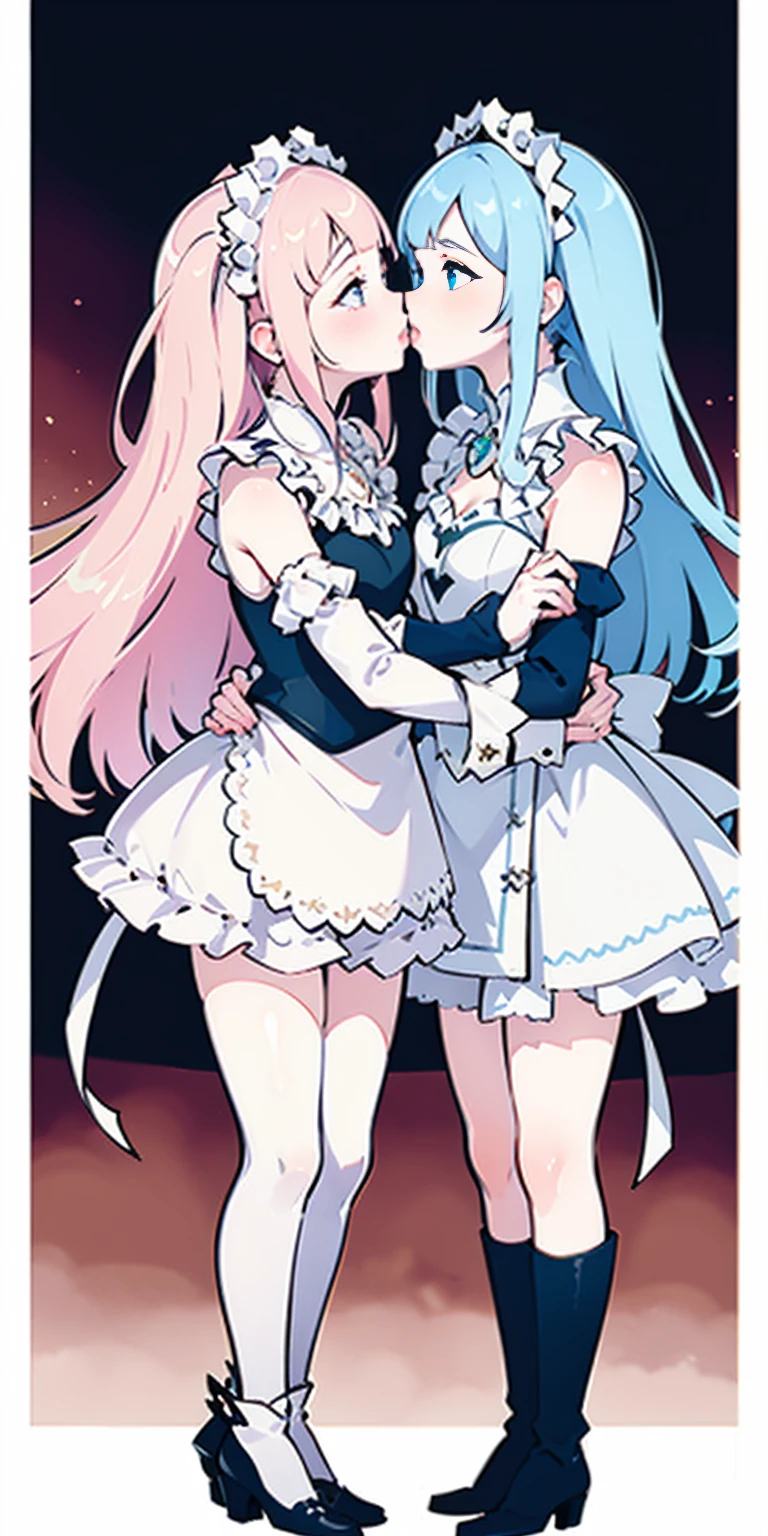 masterpiece, best quality, high quality, long hair, full body, def_effie, blue breastplate, white skin, looking at viewer, shiny, armor, thigh highs, high boots, shoulder armor, faulds, poleyn, gloves, gauntlets, (Felicia + Flora Maid outfit) 2girls together, standing next to each other, holding hands and hugging each other, french kiss, kiss