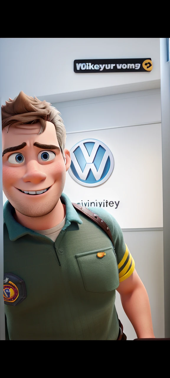 Disney Pixar 3D, high qualiy, young brunette man, firefighter, Volkswagen logo on the back 