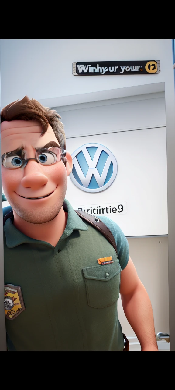Disney Pixar 3D, high qualiy, young brunette man, firefighter, Volkswagen logo on the back 