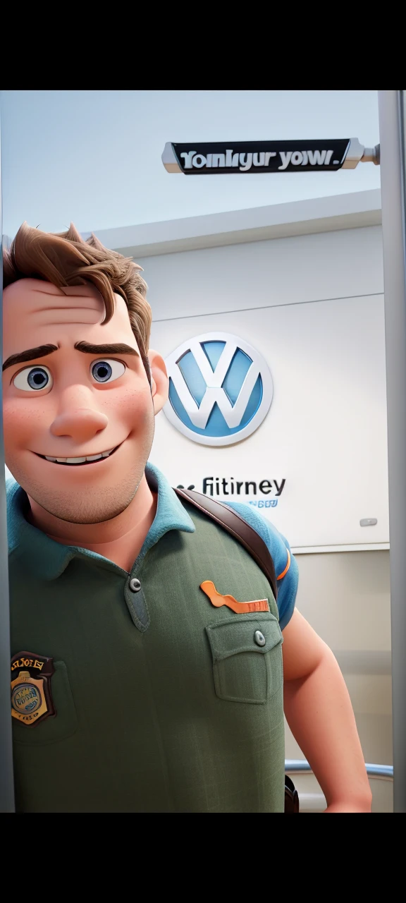 Disney Pixar 3D, high qualiy, young brunette man, firefighter, Volkswagen logo on the back