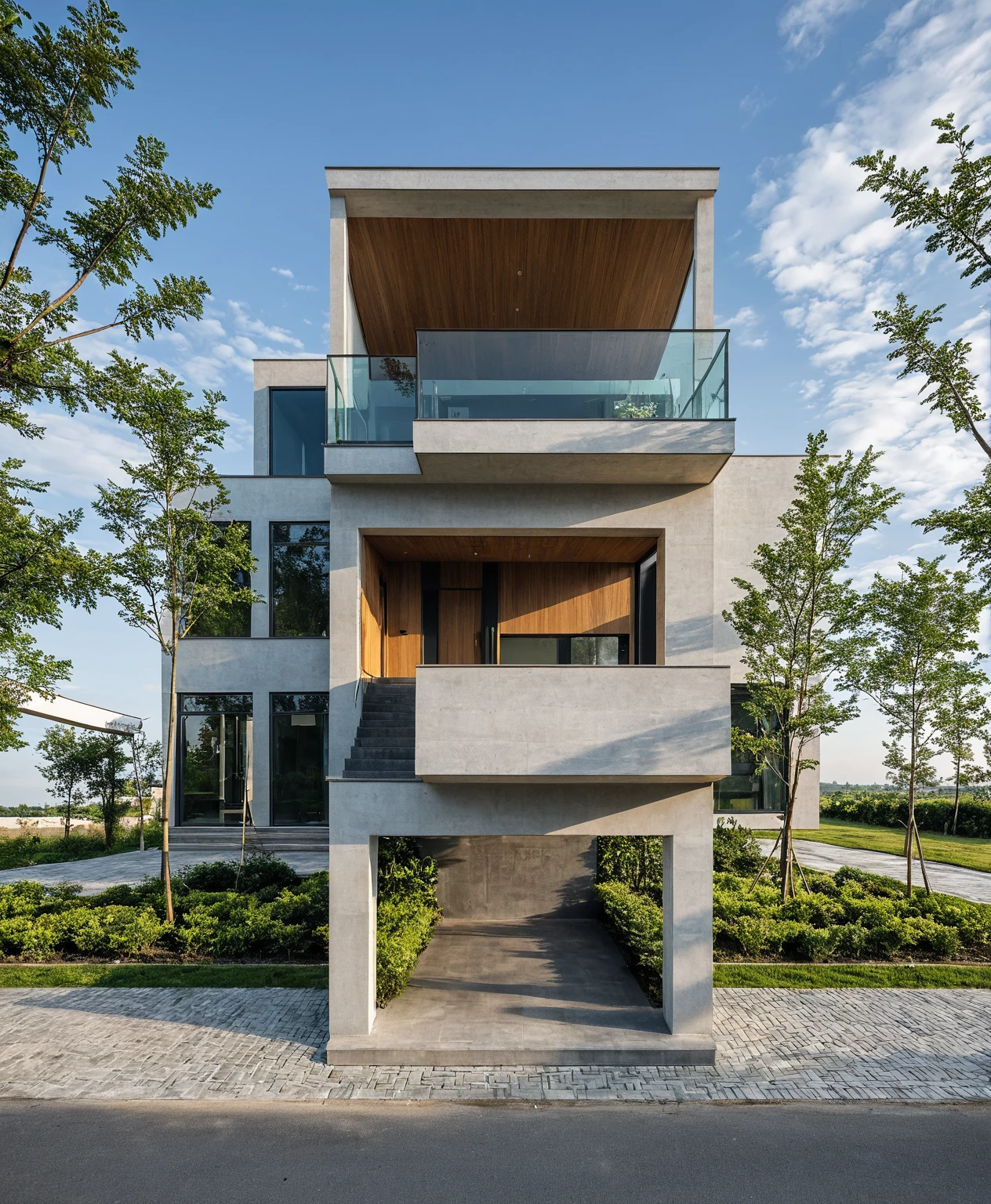 Masterpiece, high quality, best quality, authentic, super detail, outdoors, onestoreyvillaXL,MIX MATERIALS, aiaigroup, house style modern on the street ,stairs ,road,pavement, grass, trees, sky, cloud, (daylight:1.1)
