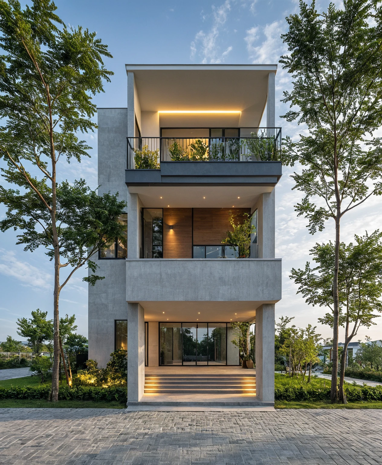 Masterpiece, high quality, best quality, authentic, super detail, outdoors, onestoreyvillaXL,MIX MATERIALS, aiaigroup, house style modern on the street ,stairs ,road,pavement, grass, trees, sky, cloud, (daylight:1.1)