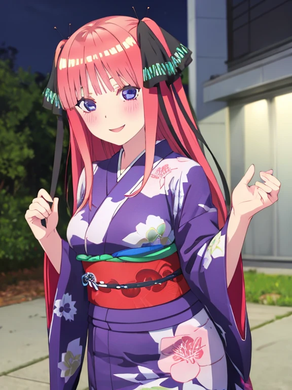 best quality, insanely detailed, nino nakano, kimono, breasts, blush, outdoor background, smile, pussy