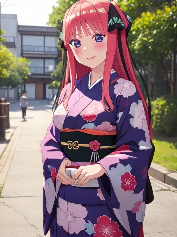 best quality, insanely detailed, nino nakano, kimono, breasts, blush, outdoor background, smile, pussy