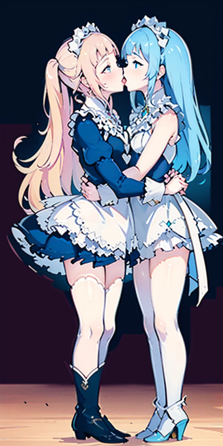 masterpiece, best quality, high quality, long hair, full body, def_effie, blue breastplate, white skin, looking at viewer, shiny, armor, thigh highs, high boots, shoulder armor, faulds, poleyn, gloves, gauntlets, (Felicia + Flora Maid outfit) 2girls together, standing next to each other, holding hands and hugging each other, french kiss, kiss