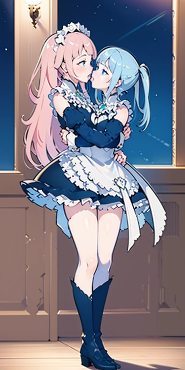 masterpiece, best quality, high quality, long hair, full body, def_effie, blue breastplate, white skin, looking at viewer, shiny, armor, thigh highs, high boots, shoulder armor, faulds, poleyn, gloves, gauntlets, (Felicia + Flora Maid outfit) 2girls together, standing next to each other, holding hands and hugging each other, french kiss, kiss