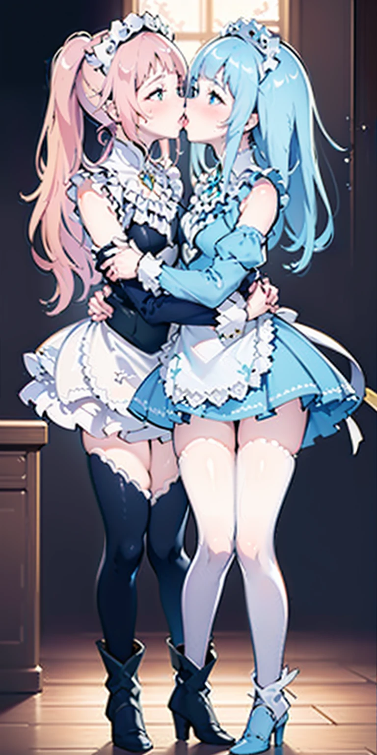 masterpiece, best quality, high quality, long hair, full body, def_effie, blue breastplate, white skin, looking at viewer, shiny, armor, thigh highs, high boots, shoulder armor, faulds, poleyn, gloves, gauntlets, (Felicia + Flora Maid outfit) 2girls together, standing next to each other, holding hands and hugging each other, french kiss, kiss