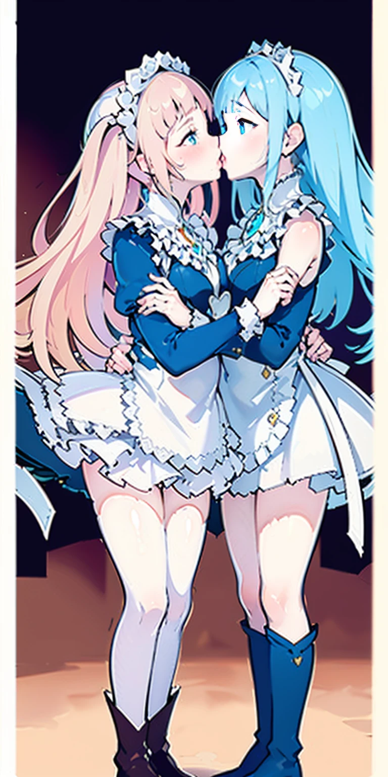 masterpiece, best quality, high quality, long hair, full body, def_effie, blue breastplate, white skin, looking at viewer, shiny, armor, thigh highs, high boots, shoulder armor, faulds, poleyn, gloves, gauntlets, (Felicia + Flora Maid outfit) 2girls together, standing next to each other, holding hands and hugging each other, french kiss, kiss