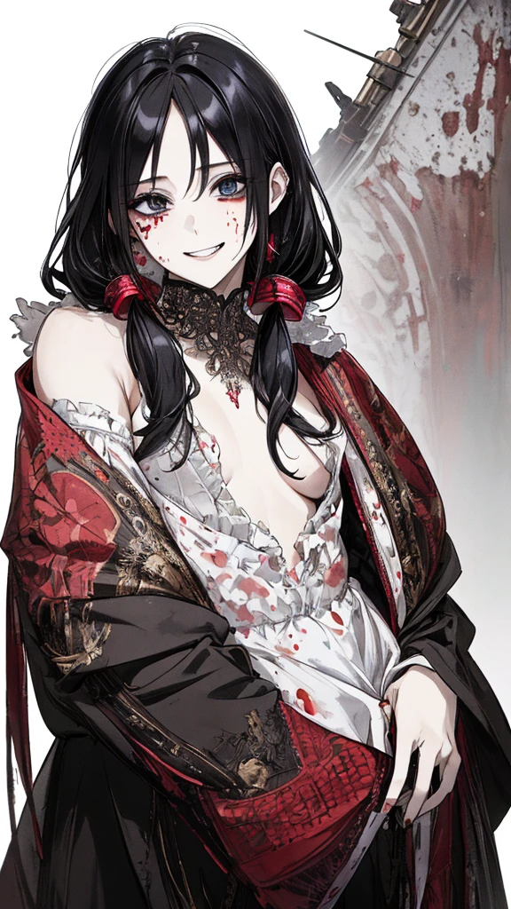 (masterpiece:1.2, Highest quality), (Actual Photos, Intricate details), (1 female, alone, Small breasts) ，Distorted facial expressions、Blood splatter、Cuts on the face、burns on the face、whole body、Punk Fashion、Long Hair、Long Bangs、Twin tails、Black Hair、（（（Dark circles under the eyes）））、Pale skin、Pathological、Wicked Smile、Crazy Eyes、（Grin）Dramatic makeup，Create mixed media art、White Background