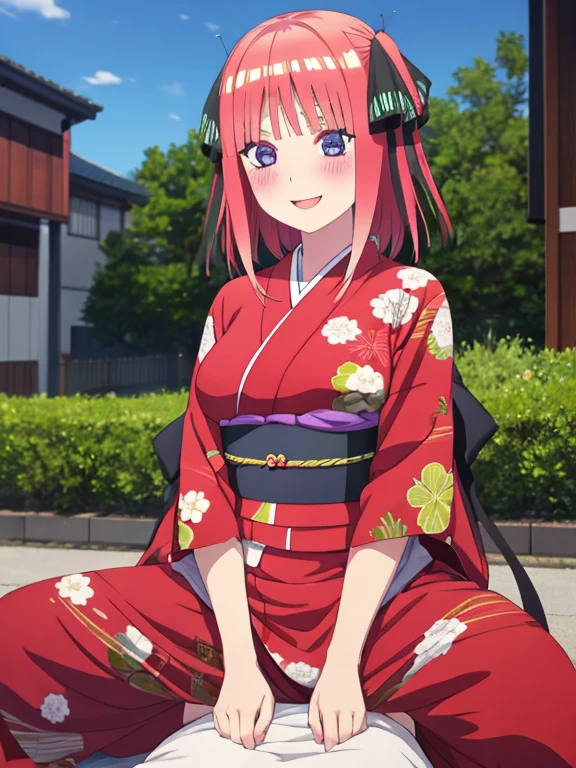 best quality, insanely detailed, nino nakano, kimono, breasts, blush, outdoor background, smile, pussy, spread legs