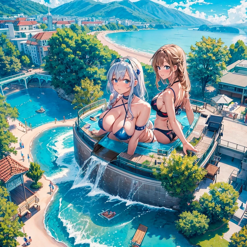 ((View from above))　female giant giant girl giantess Bikini Swimsuit Paola Big Breasts Cleavage Float Blue sky, public pool, valley between buildings, waves, splashing water a pool area at an amusement park with people playing in it near water slides, pool, outdoors, tree, day, cloud, scenery, sky, multiple girls, water Masterpiece Unreal Engine Beautiful picture 4k,Pixel art nude 90's chest buttocks