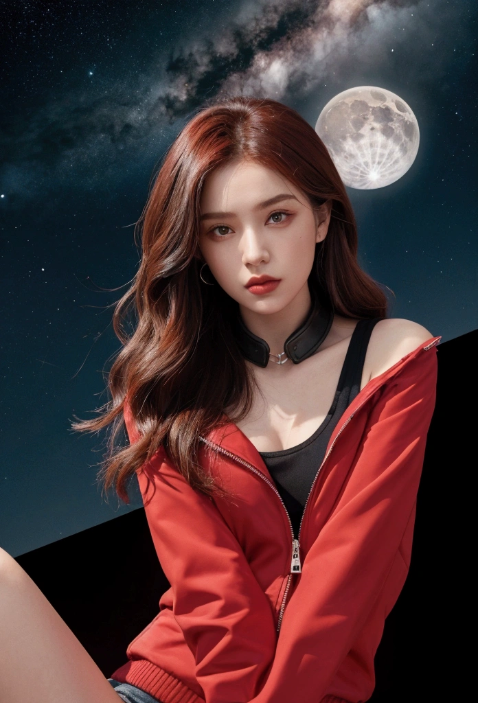 A female survivor with red hair,
a muscular, athletic build. 
She is wearing black leather jeans, a tank top, and has her arms behind her neck. She has black hairy armpits. 
The scene shows her entire body and boots, 


Bomber jacket futuristic, hyper-realistic, tastes like Louis Vuitton. Big urbanwear red on red oversize coat, avant-garde, 
photo shoot spread, dressed in all red, a realistic scene,
with an apocalyptic town in the background.
The background is a planet that is on the edge of collapse. The skies are grey, the trees are barren. it is very depressing. a rocket ship is launching and leaving we see the stars and moon in the distance silhouette of inner cosmos woman, celestial armor, suspended in air, nebula-filled backdrop, 2D manga anime style. 

Portrait of a beautiful young Romanian woman with long hair and clean, fresh skin, The image is horizontal for banner space, showing a close-up of a human subject in the right position. It is photorealistic, a natural shot captured by the best studio photographer.