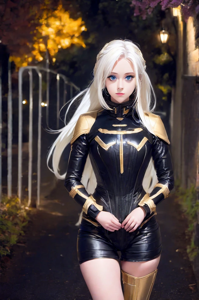 Woman with ,golden white hair,Blue eyes,,,black spacesuit