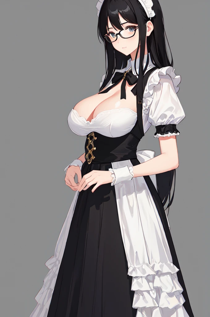 {{masterpiece}},high quality, 4K, 2D, 1 girl,{simple gray background},{{attractive mature lady}},milf,standing,sagging breasts,{{gigantic breasts}},maid,front face,{{tareme}},attractive mature lady,black hair, {from right in front of face and body},View viewers from front,{front facing shot},Wear glasses,(serious:0.1)