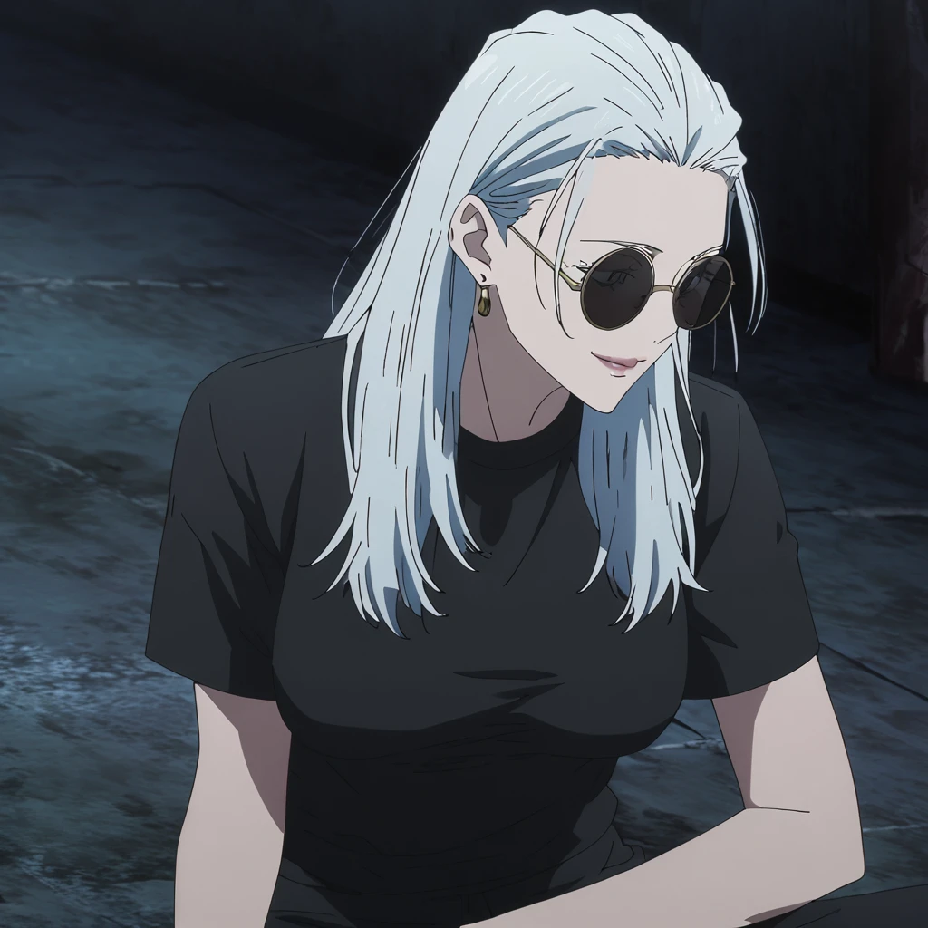 1girl, female gojo satoru, anime screencap from jujutsu kaisen, gojo satoru female version, solo, long_hair , ((wearing round sunglasses)) ((White_hair, hair slicked from one side)), night view, (hanging breasts) upper_body, smile, dark room, lips, (long hair) ((wearing black colour t shirt and pant)) breast, "very detailed and high resolution" ((solo)) (((front view))) (earings) ((high resolution)) ((good quality)) ((silky hair, hair slicked from one side)) ((sitting))