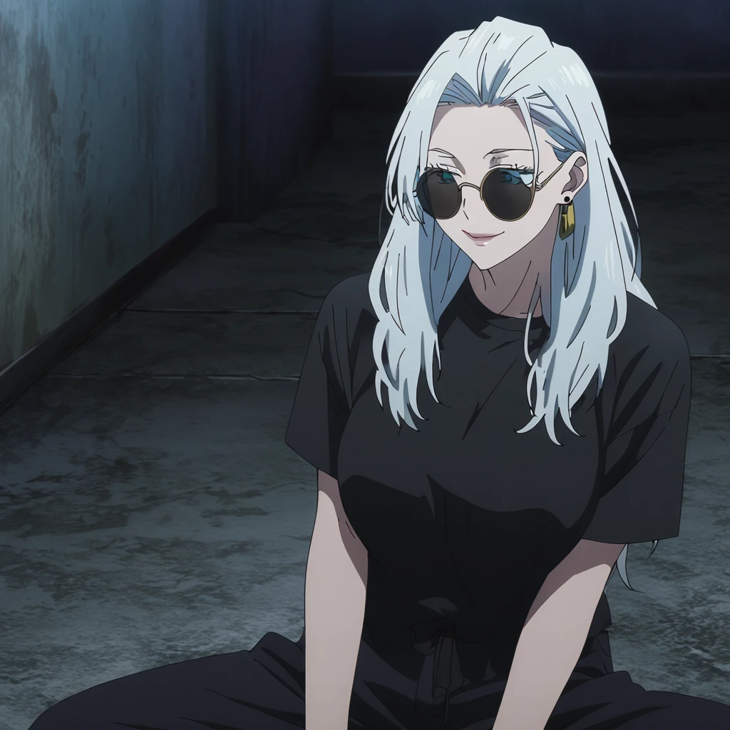 1girl, female gojo satoru, anime screencap from jujutsu kaisen, gojo satoru female version, solo, long_hair , ((wearing round sunglasses)) ((White_hair, hair slicked from one side)), night view, (hanging breasts) upper_body, smile, dark room, lips, (long hair) ((wearing black colour t shirt and pant)) breast, "very detailed and high resolution"  ((solo)) (((front view))) (earings) ((high resolution)) ((good quality)) ((silky hair, hair slicked from one side)) ((sitting))