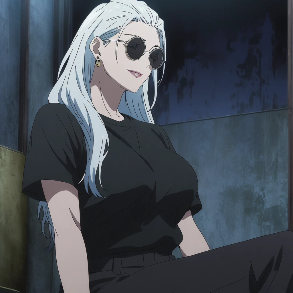 1girl, female gojo satoru, anime screencap from jujutsu kaisen, gojo satoru female version, solo, long_hair , ((wearing round sunglasses)) ((White_hair, hair slicked from one side)), night view, (hanging breasts) upper_body, smile, dark room, lips, (long hair) ((wearing black colour t shirt and pant)) breast, "very detailed and high resolution"  ((solo)) (((front view))) (earings) ((high resolution)) ((good quality)) ((silky hair, hair slicked from one side)) ((sitting))