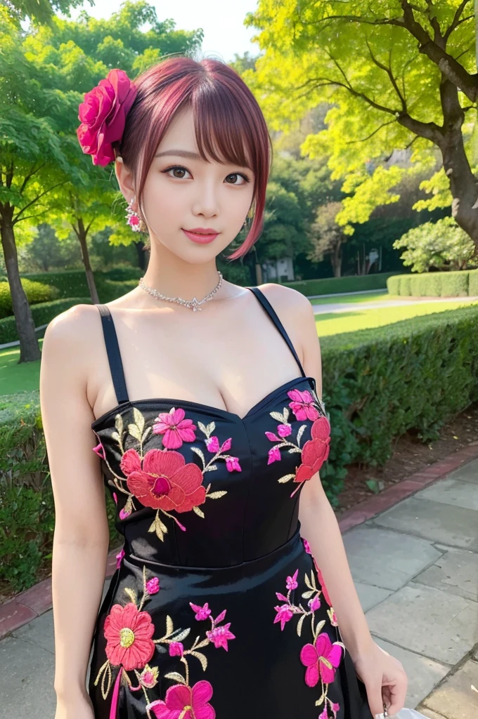 (masterpiece:1.4), (best quality:1.4), ultra high res, ultra high resolution, ((detailed facial features)), HDR, (realistic, photorealistic, photo-realistic:1.37), full body Esbian, sexy Thai model, (-anime), vivid colors, ((vivid colors multicolor (red, fuchsia) very short hair)), ((seductive smile)), lip-gloss, long lashes, ultra detailed metallic makeup, defined eyebrows, wearing large sparkling colorful jewelery, (wearing a red silk Paradise Kiss cosplay dress with black floral embroidery), ((vivid colors outfit)), vivid colors, look at the camera, cinematic light, large park background with trees, sweet and sexy pose
