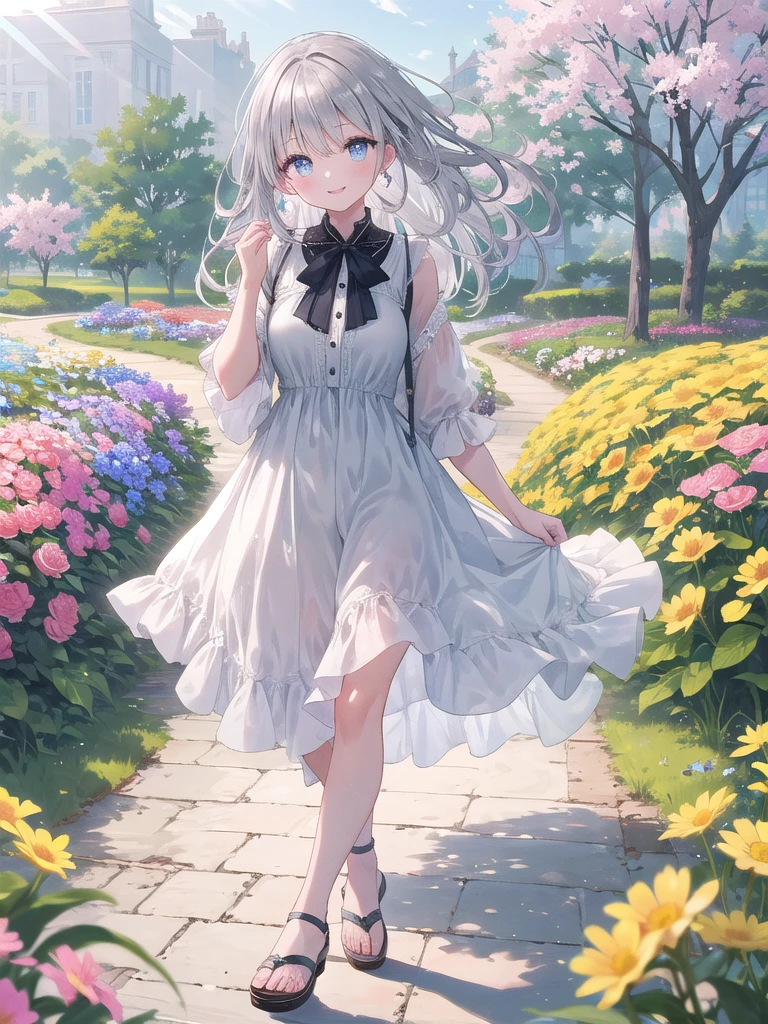 (8k, best quality, master piece: 1.2),super high resolution,1 girl, solo, ((colorshift eyes, hyperdetailed, expressive eyes)), ultra-detailed face, random hair, silver gray color, Ecstatic expression, She is walking through a large flower field where colorful flowers are in full bloom. The spring sunlight shines on the flowers, and the wind is blowing. She has long, straight silver hair, a simple dress, and sandals. She is smiling happily while picking flowers.