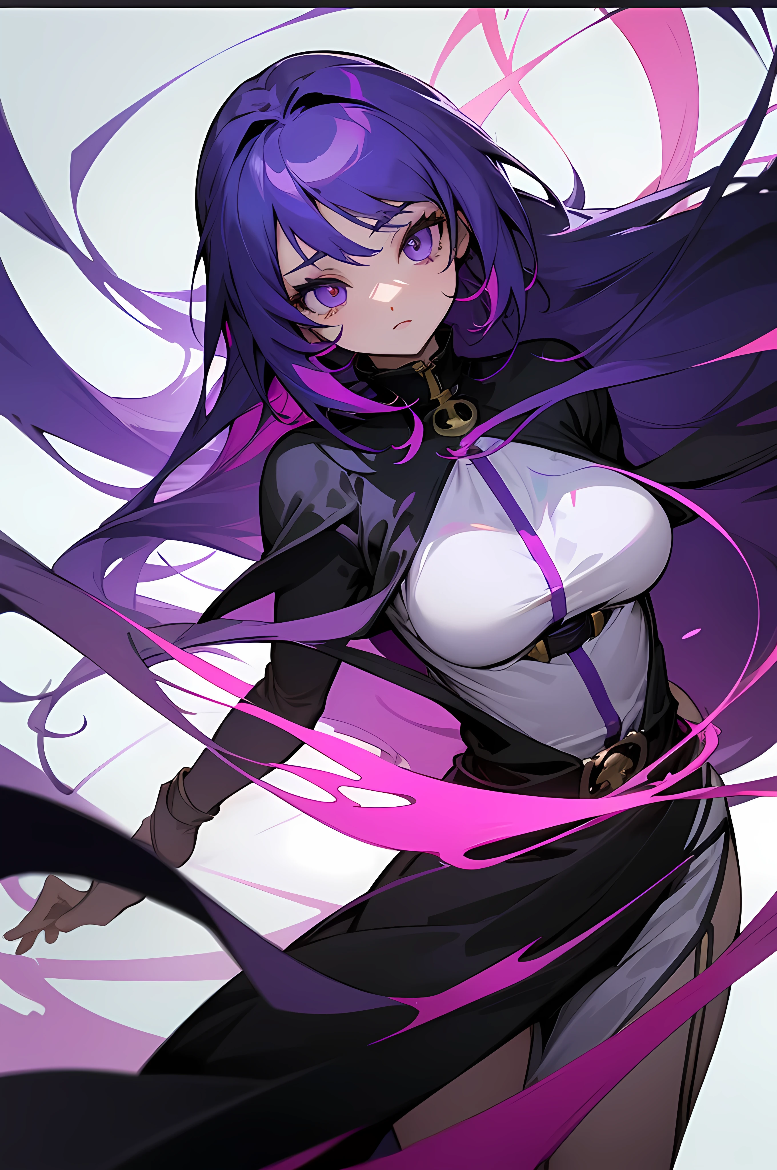 (Anime artwork, Anime Style, Studio Anime, Very detailed, up to date, Vibrant, Anime Coloring, High Contrast, masterpiece:1.2, Highest quality, Best aesthetics) Purple Hair、depression、Eyes of Determination、One Girl、Black clothing、Beautiful breasts、I have long hair、Streaks of Light、calm down