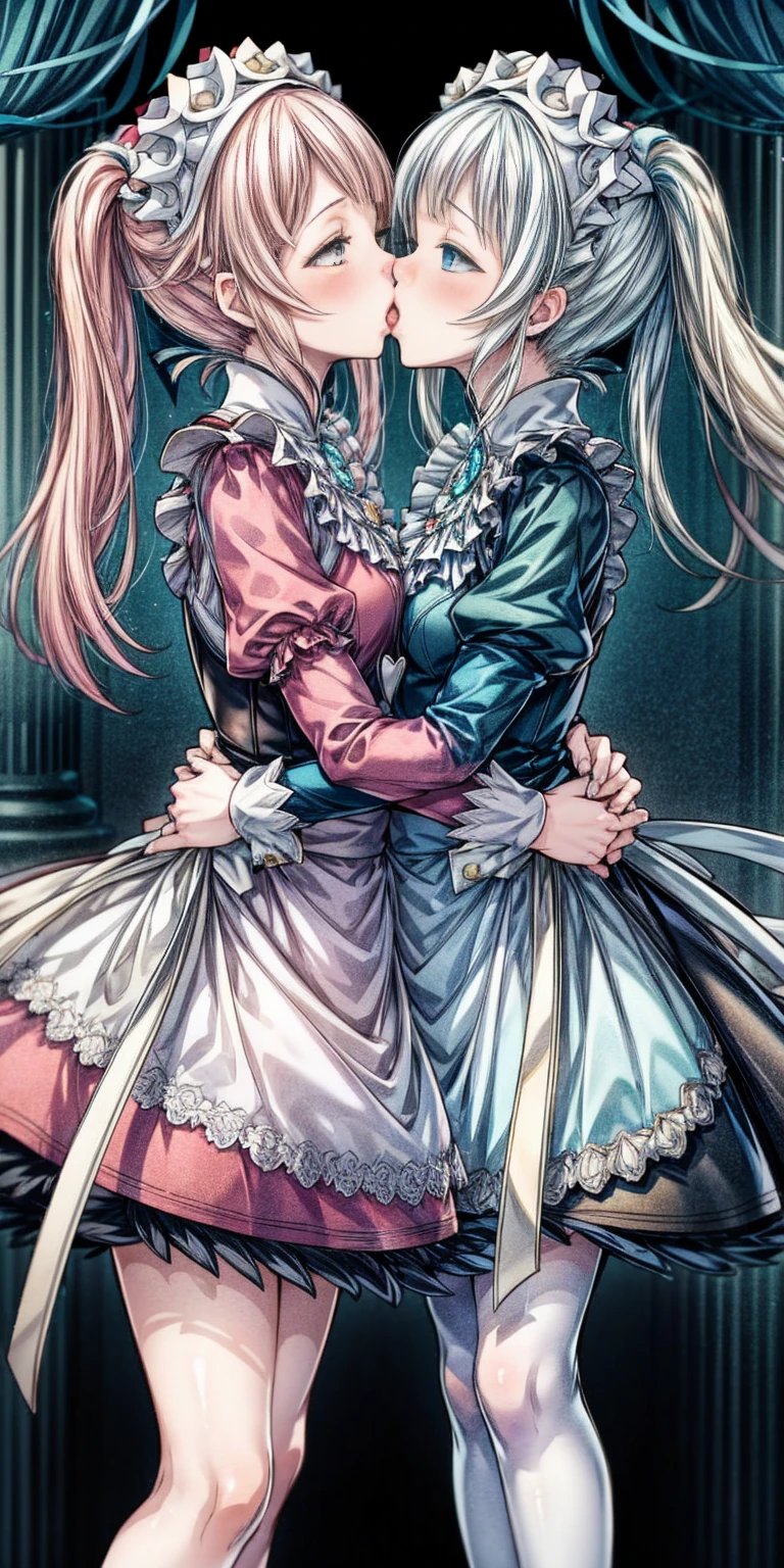 (Felicia + Flora Maid outfit) 2girls together, standing next to each other, holding hands and hugging each other, french kiss, kiss, add details, very detailed