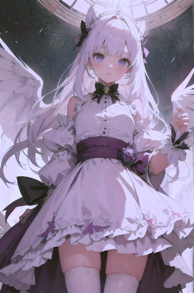 Beautiful illustrations, Highest quality, Cute  girl, (Conversion Sequence), Transformation Magical Girl, , White Magical Girl, Fractal Art, albino, Baby F pure white pink mesh hair, Beautiful and exquisite purple eyes, Cinema Lighting, Cowboy Shot, View your viewers, From below, Happy