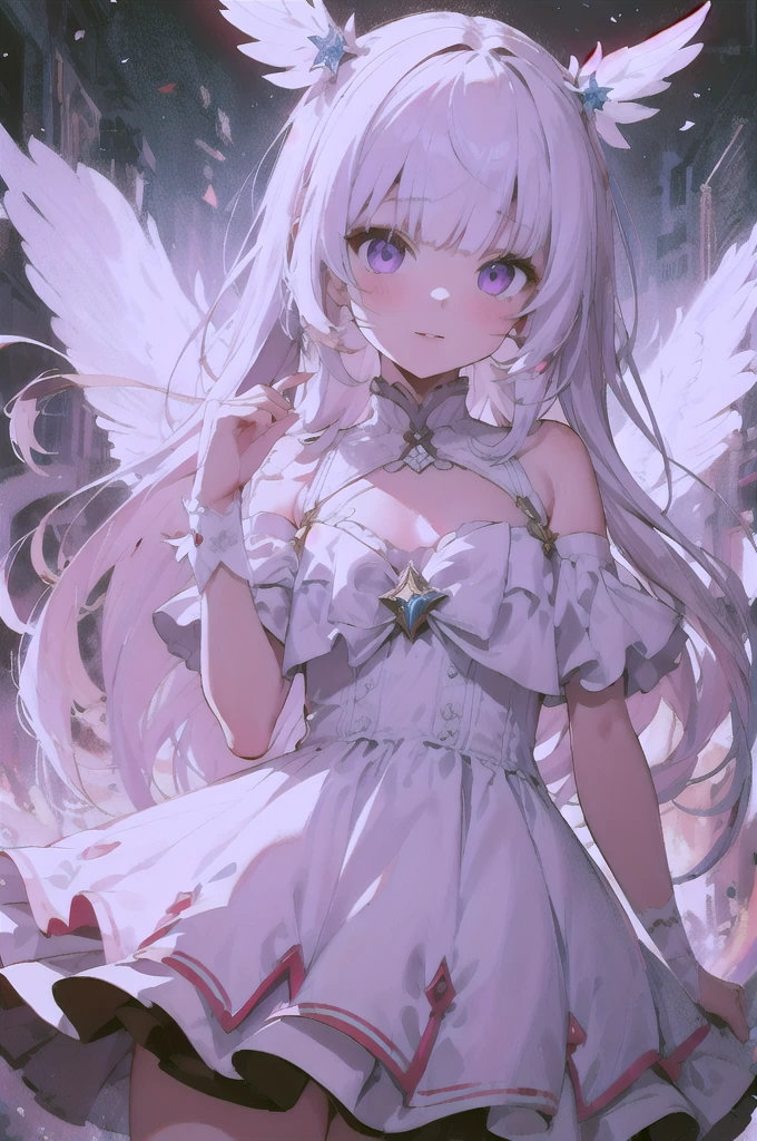 Beautiful illustrations, Highest quality, Cute girl, (Conversion Sequence), Transformation Magical Girl, Little, White Magical Girl, Fractal Art, albino, Baby Face, Long pure white pink mesh hair, Beautiful and exquisite purple eyes, Cinema Lighting, Cowboy Shot, View your viewers, From below, Happy