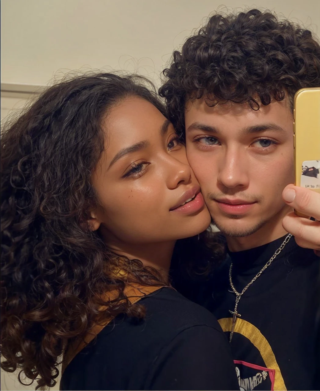 A white man with a goatee and eyes half-closed with a serious expression holding his cell phone looking at the camera and his girlfriend the black woman with her face pressed to his and smiling and she has small eyes.