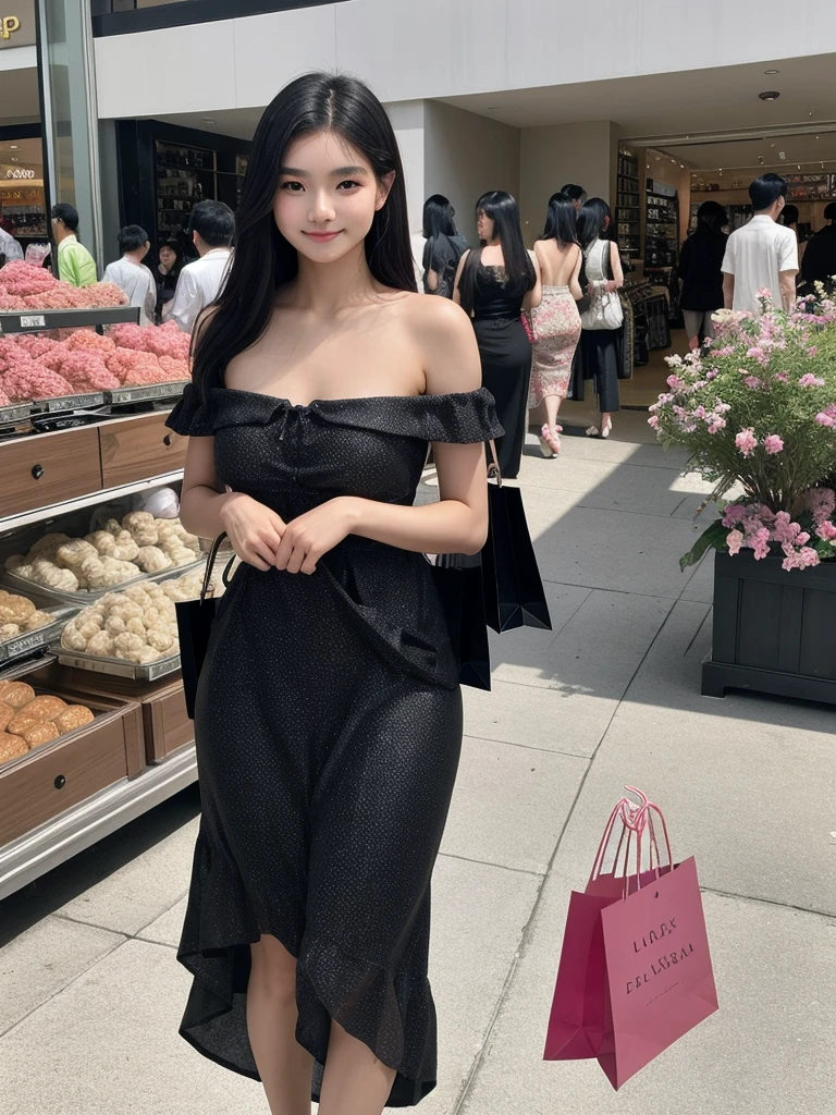 In a bustling mall in Manila、A beautiful young Filipino woman walking gracefully。She wore a simple and elegant dress.、Bright and healthy skin glowing。Her black, lustrous hair sways gently on her shoulders.、Her elegant smile accentuates her face even more.。holding a shopping bag、Looking curiously at the window displays、Every time I find a store I like, I stop by.。Blending in with the hustle and bustle of the surrounding area、It stands out with its attractive presence。