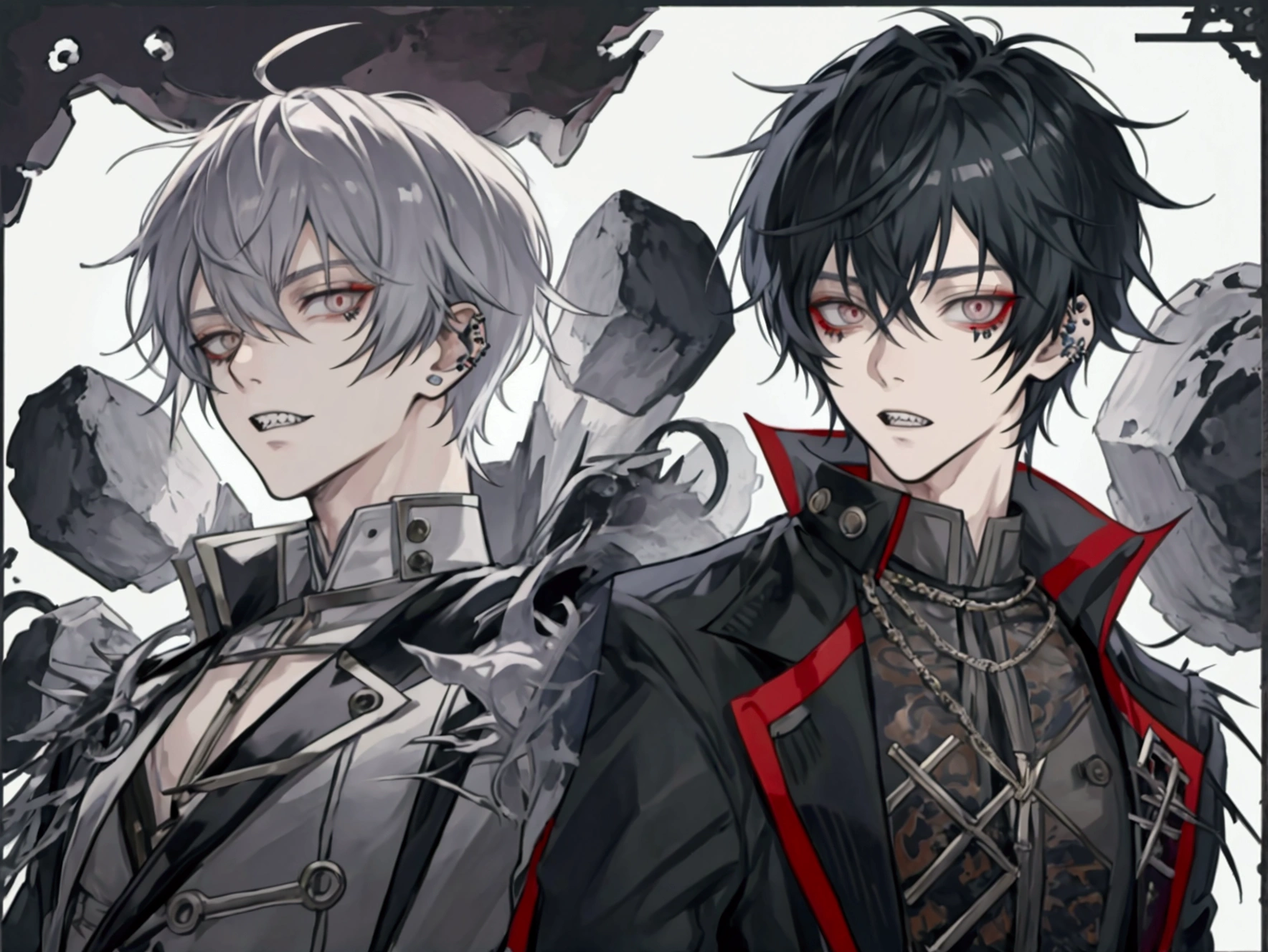Anime boy with sharp teeth and many peircings, school boy, crazy male, attractive, sharp eyes, eyebags, shaggy hair, crazy facial expression, punk clothing style, character sheet, character reference sheet