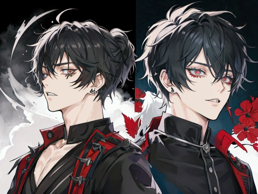 Anime boy with sharp teeth and many peircings, school boy, crazy male, attractive, sharp eyes, eyebags, shaggy hair, crazy facial expression, punk clothing style, character sheet, character reference sheet