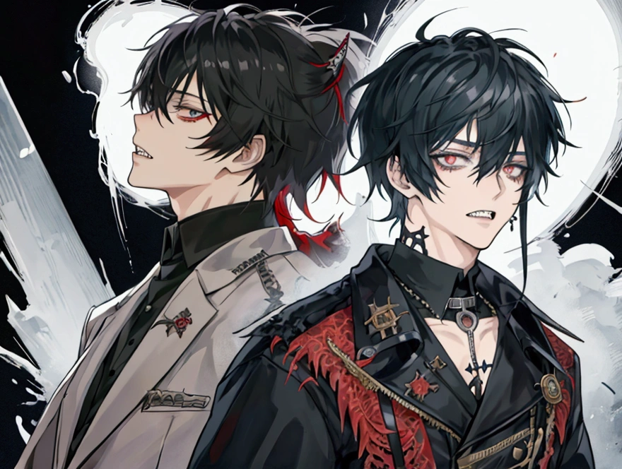 Anime boy with sharp teeth and many peircings, school boy, crazy male, attractive, sharp eyes, eyebags, shaggy hair, crazy facial expression, punk clothing style, character sheet, character reference sheet