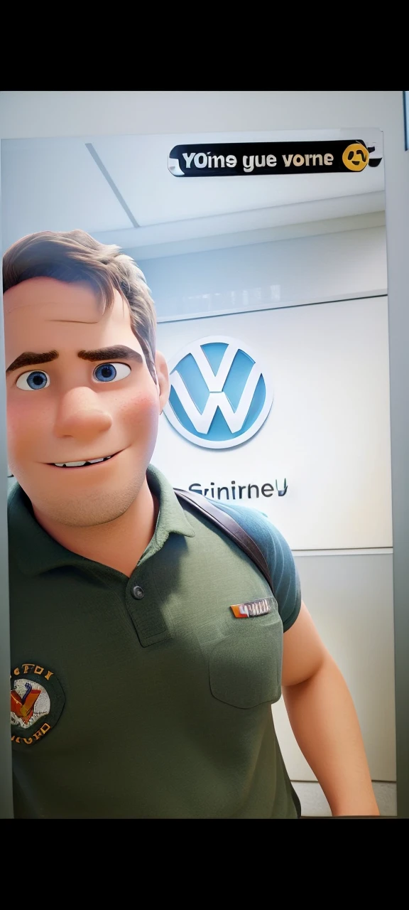 Disney Pixar 3D, high qualiy, young brunette man, firefighter, Volkswagen logo on the back