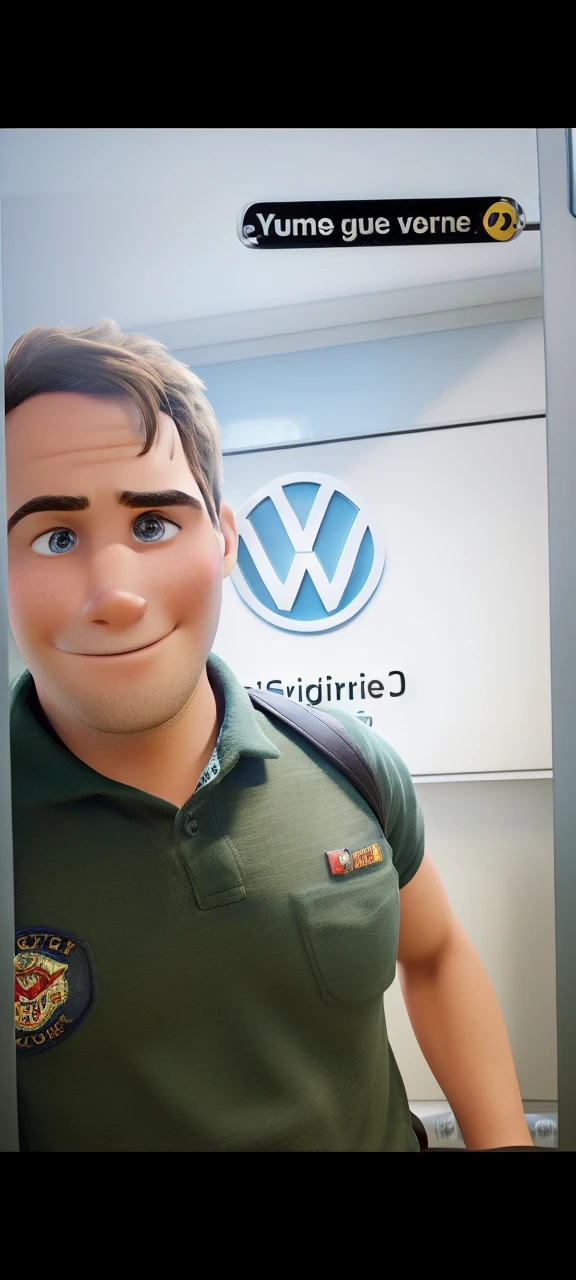 Disney Pixar 3D, high qualiy, young brunette man, firefighter, Volkswagen logo on the back