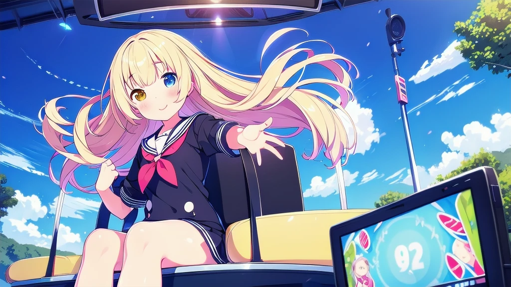 score_9, score_8_above, score_7_above, fountain_cheered up, 1 girl, Switchchan, heterochromia, sailor collar, , shirt, serafín, black thighs, Game control, holding Game control, Session, happy, television, looking at television, on one side,