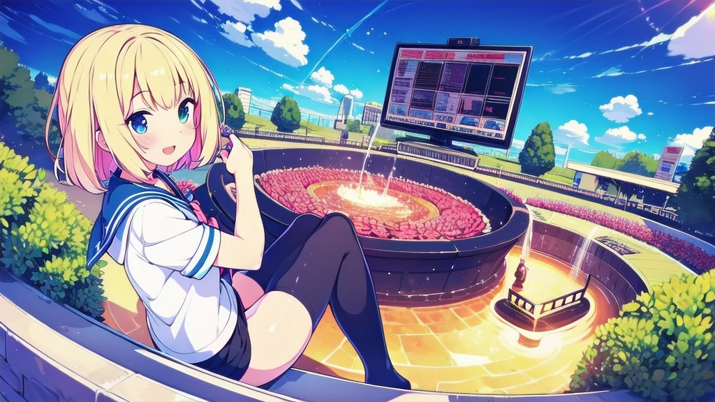 score_9, score_8_above, score_7_above, fountain_cheered up, 1 girl, Switchchan, heterochromia, sailor collar, , shirt, serafín, black thighs, Game control, holding Game control, Session, happy, television, looking at television, on one side,