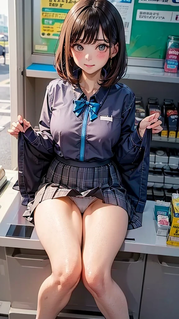 Looking at the audience, whole body,
1 girl, Japanese, high convenience store  混雑した店内、The cashier&#39;s expression is surprised、girl, (Long Hair:1.5), Let your hair flutter, (Half Up, Half Updo), bangs, Hair between the eyes, Huge breasts, No bra、Pink nipples、
Beautiful Hair, Beautiful Face, Fine and beautiful eyes, Beautiful clavicle, Beautiful body, Beautiful breasts, Beautiful thighs, Beautiful legs, Beautiful fingers, Beautiful breasts，
(Beautiful views), , convenience store, Grey plaid pleated skirt, Blue checked bow tie)), White panties, 
(squat, , Lift up the skirt, Grab the hem of your skirt, please put your hand on your chest, Place your hands between your legs), 
blush, ,Men with erections around