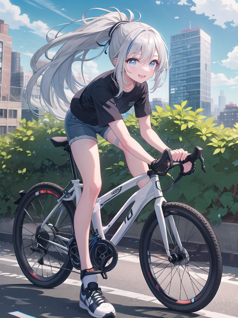 (8k, best quality, master piece: 1.2),super high resolution,1 girl, solo, ((colorshift eyes, hyperdetailed, expressive eyes)), ultra-detailed face, random hair, silver gray color, Ecstatic expression,He is cycling through a scenic cityscape. Under a blue sky, the city's buildings and greenery are in the background. He has silver hair in a ponytail, casually wearing a t-shirt, denim shorts, and sneakers. He is smiling as he pedals happily.