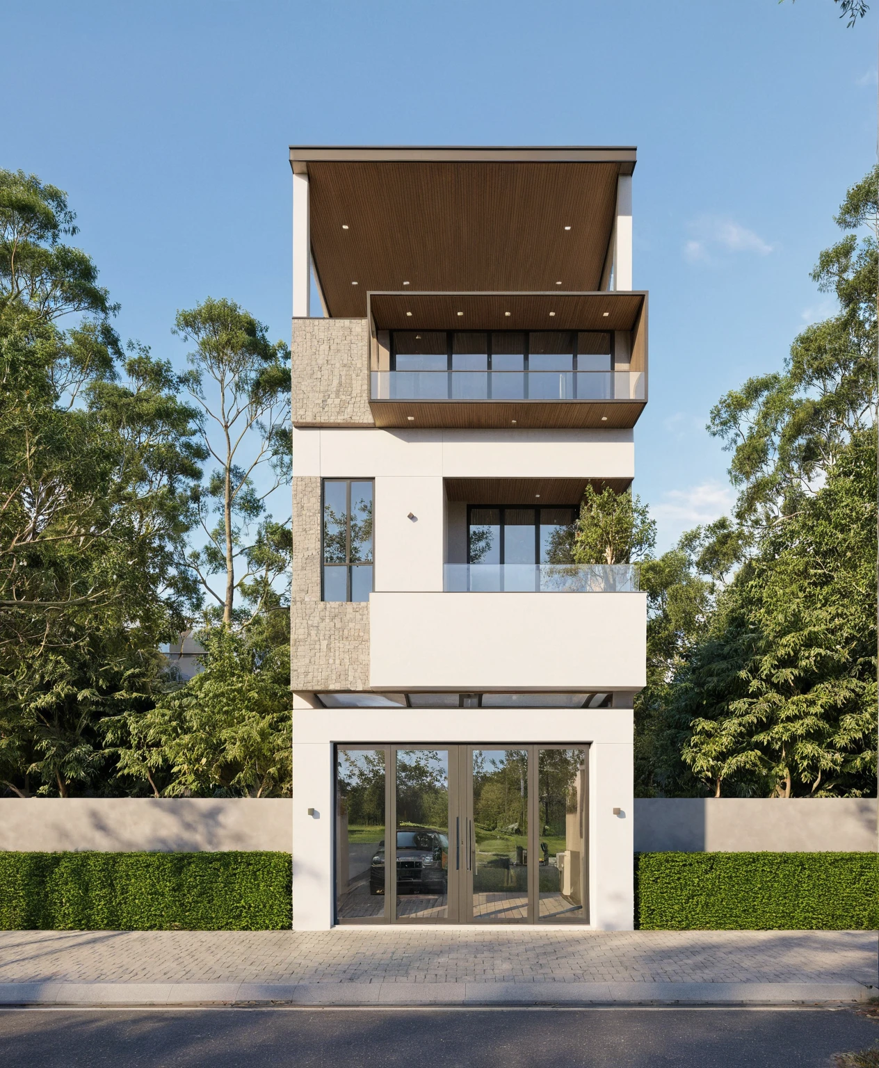 Raw photo,Masterpiece, high quality, best quality, authentic, super detail,
exterior, outdoors, house style modern on the street, glass windows, gate, wooden ceiling,MIX MATERIALS,
road,pavement, trees, sky, cloud, (daylight:1.1)