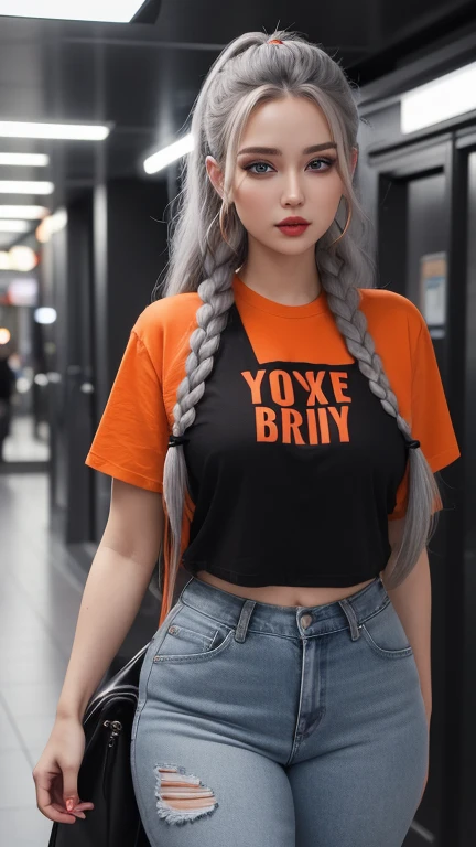 facial woman perfect very,eyes blue and lips red,her hair gray longest very with hairstyles braid, extremely long hair, curvy body her,her big very,her wear a tshirt orange and her wear a jeans black , perfect face, realisian model, turbo v2 style, quality (ultra detailed, high quality, 8k, cinematic), lighting ((cinematic))